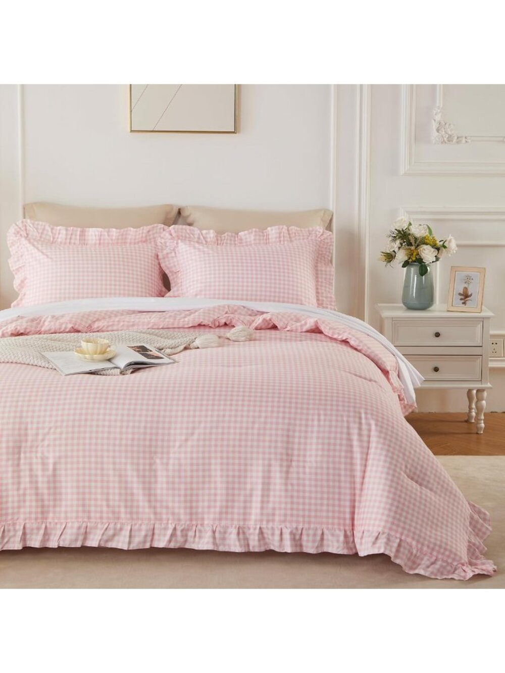 Pink Gingham Ruffle Comforter Set King - 3 Piece Aesthetic Cottagecore Bedding